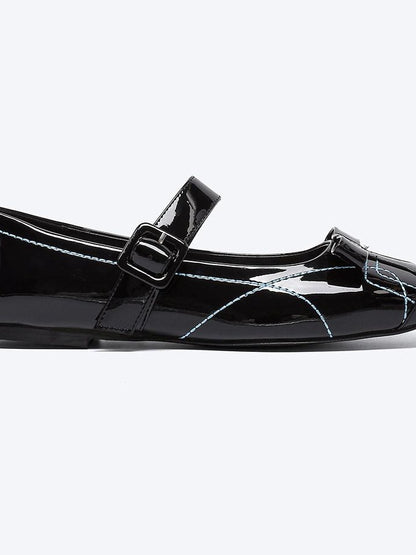 RUN TO THE FUTURE Sheepskin Insole Vintage Square Toe One Strap Low Heel Rubber Sole Women Flats