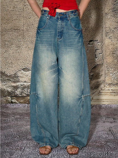 The NeverMore Durable Distressed Relaxed Loose Natural Waist Blue Denim Wide Leg Jeans