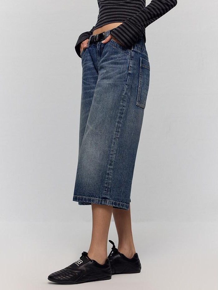 RUN TO THE FUTURE Washed Blue Denim Low Waist Relaxed Fit Casual Zipper Fly Wide-Leg Jeans