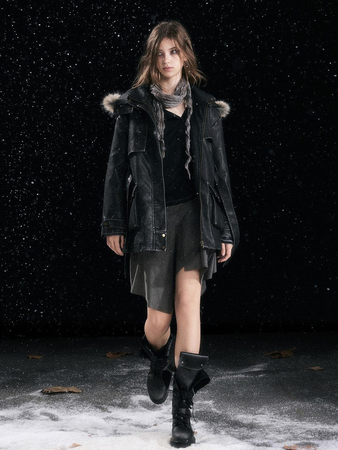 Cest Nous Fur Collar Hooded Utility Distressed Women&