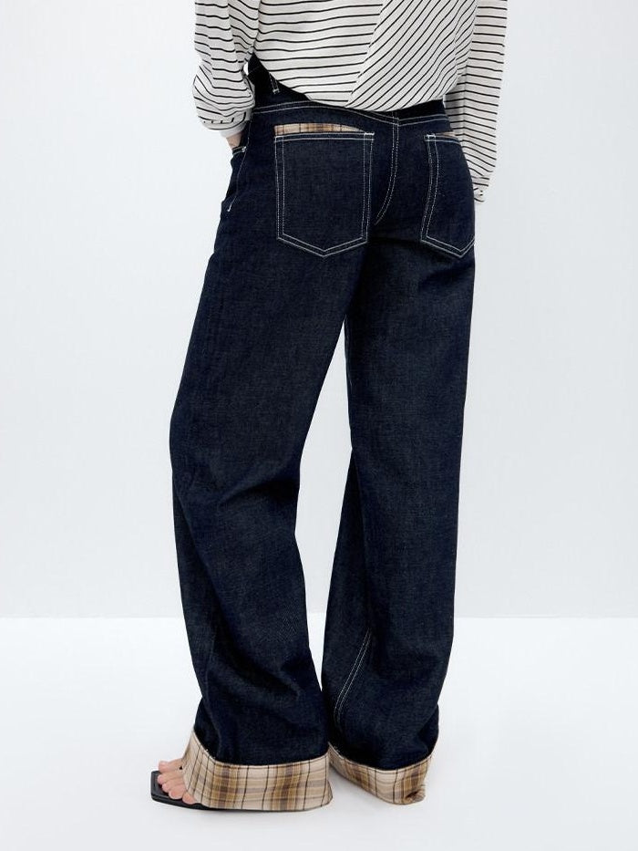 RUN TO THE FUTURE Washed Low Waist Wide Leg Loose Fit Casual Denim Indigo Straight Jeans