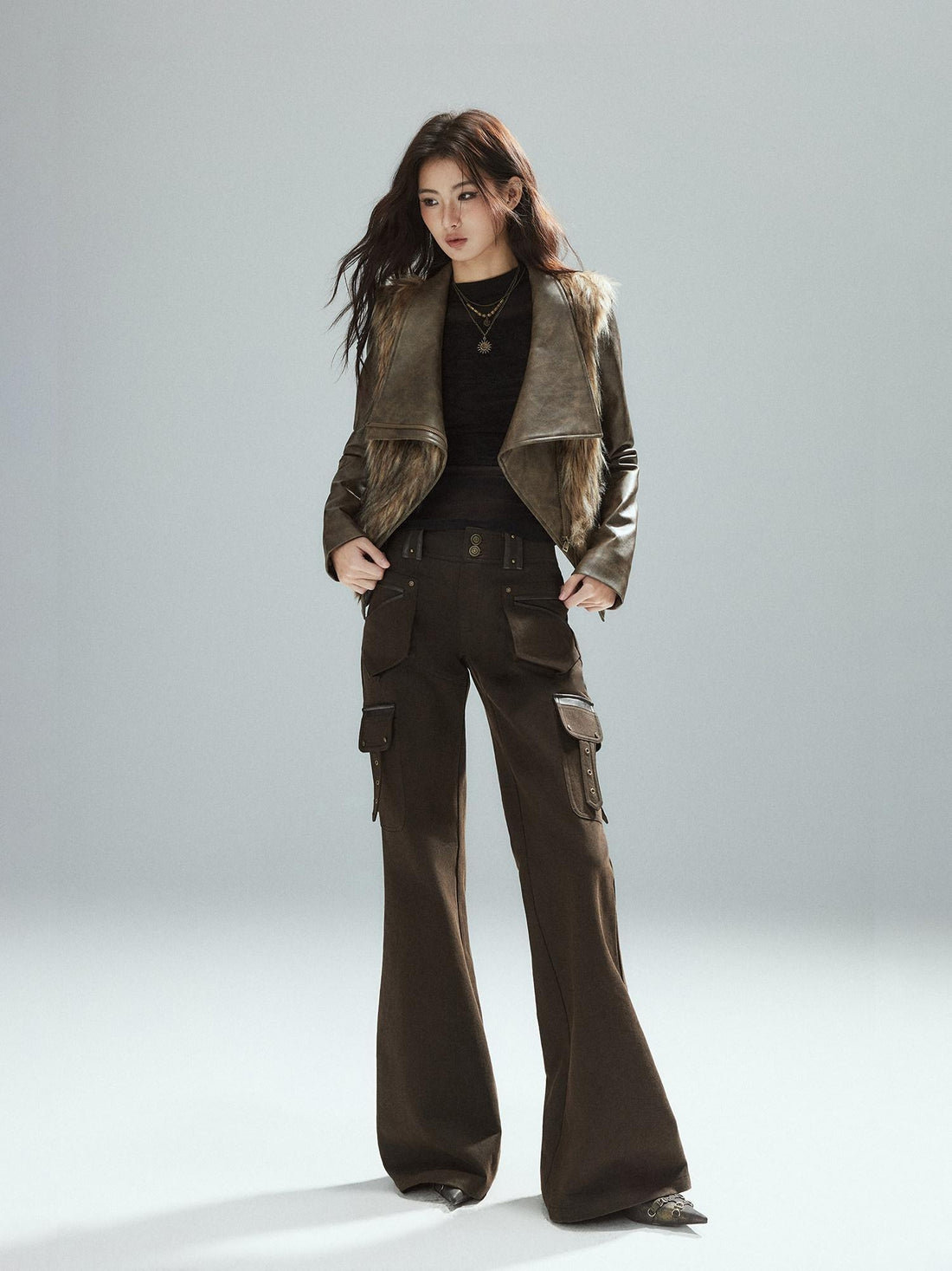 Low pixel Slim Low Rise Cotton Flare Street Style Zipper Brown Women Cargo Pants