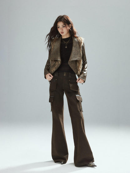 Low pixel Slim Low Rise Cotton Flare Street Style Zipper Brown Women Cargo Pants