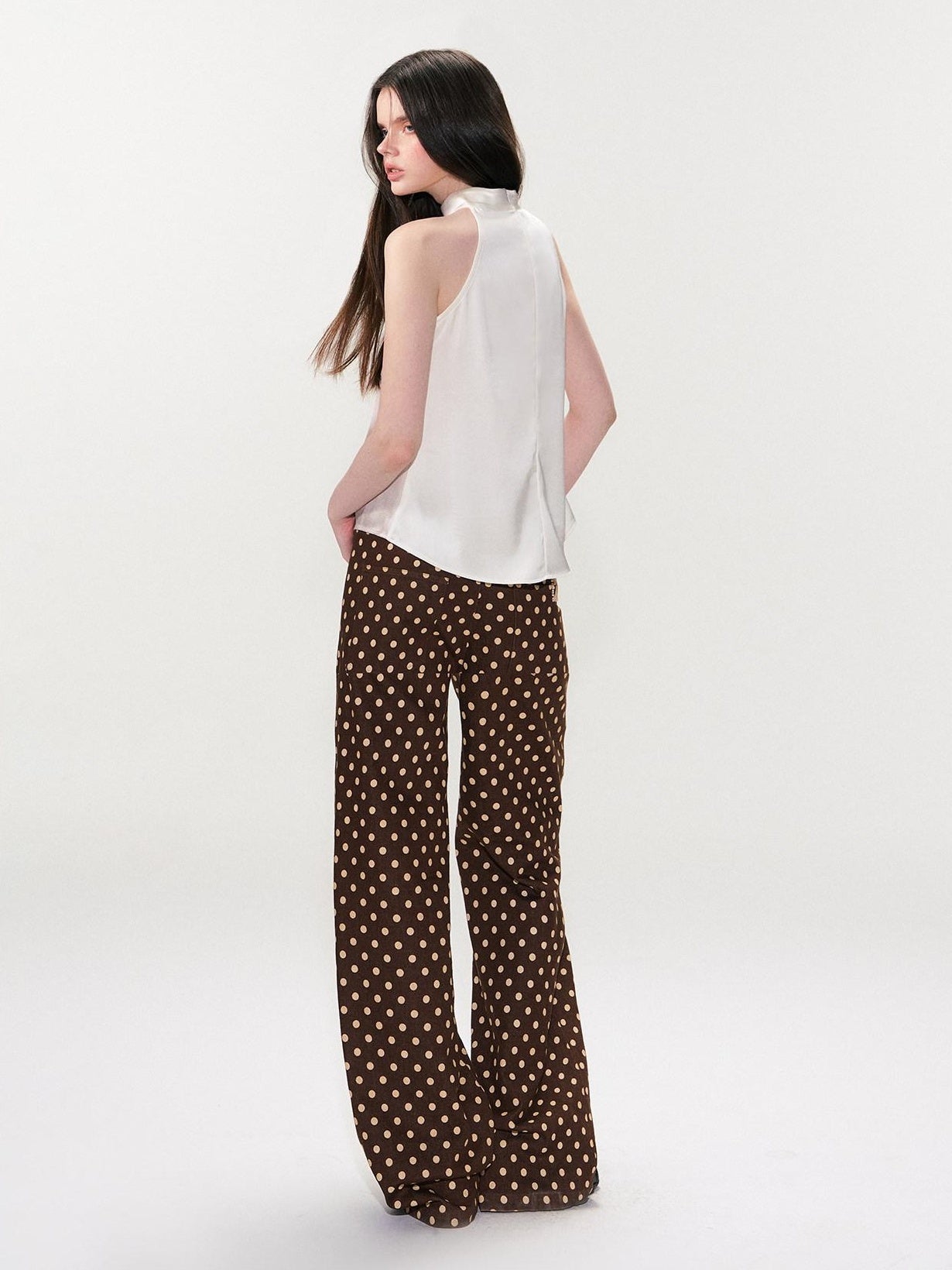 The NeverMore Cotton Polka Dot Vintage Natural Waist Casual Women Brown Straight Leg Jeans