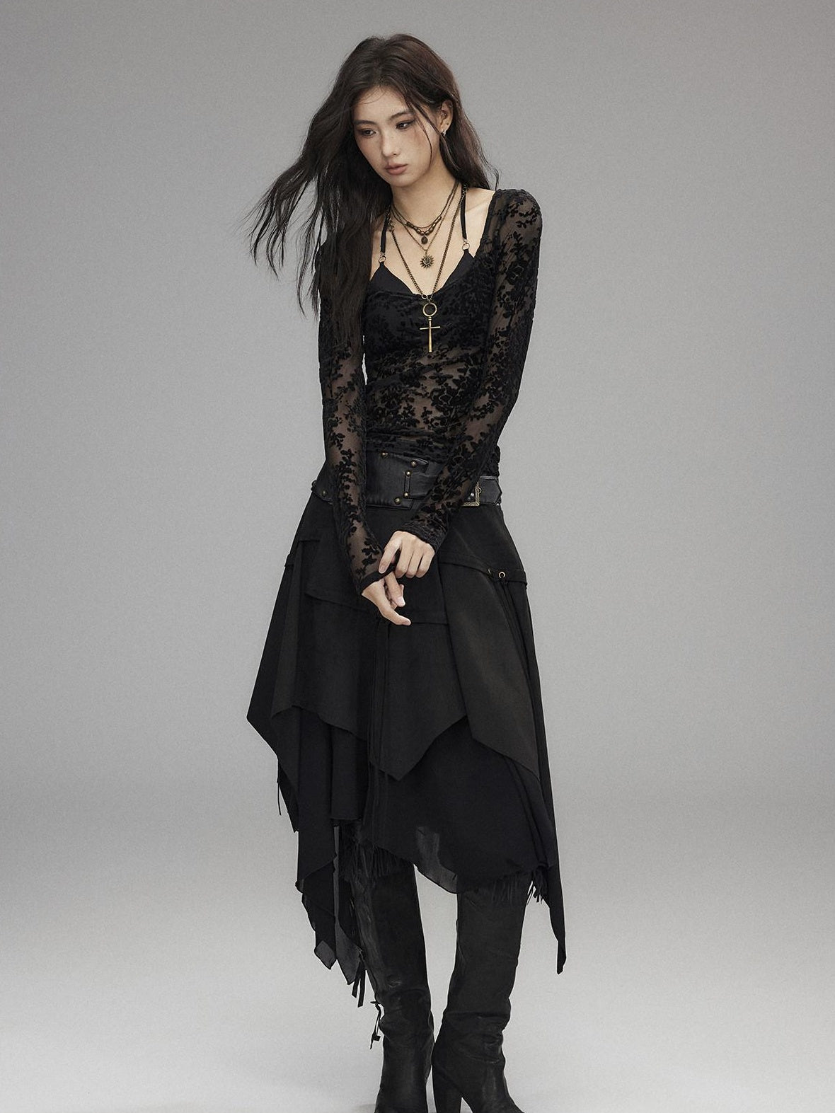 Low pixel Sexy Low Waist Asymmetrical A Line Zipper Black Woven Polyester Midi Skirts