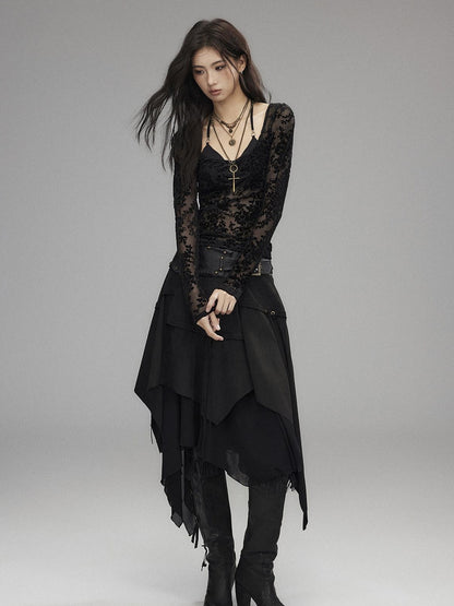 Low pixel Sexy Low Waist Asymmetrical A Line Zipper Black Woven Polyester Midi Skirts
