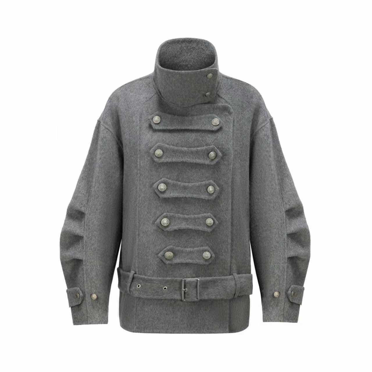 nit alcove Warm Wool Blend Pleated Biker Collar Unisex Double Breasted Cropped Wool Coats