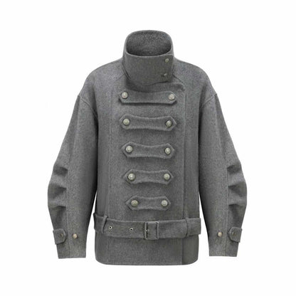 nit alcove Warm Wool Blend Pleated Biker Collar Unisex Double Breasted Cropped Wool Coats