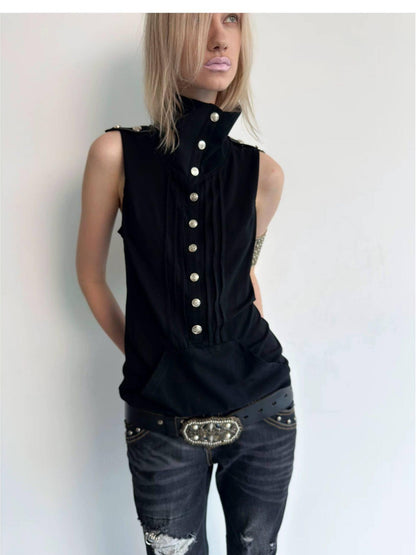 DoublePunch Metal Button Epaulet Convertible Half High Neck Women&