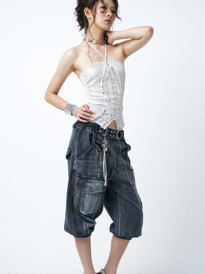 OPEN AESTHETIC Waterwashed Distressed Rhinestone Women&