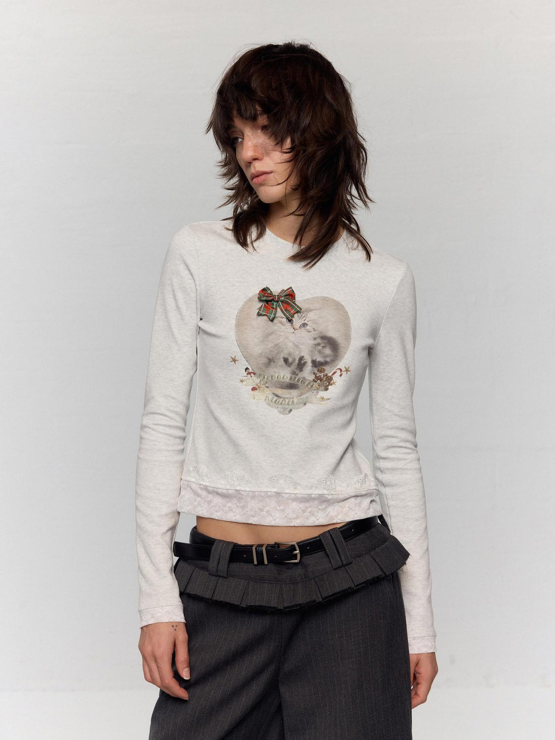 RUN TO THE FUTURE Stretch Cotton Slim Vintage Commuter Printed Lace Long Sleeve Women Crop Tops
