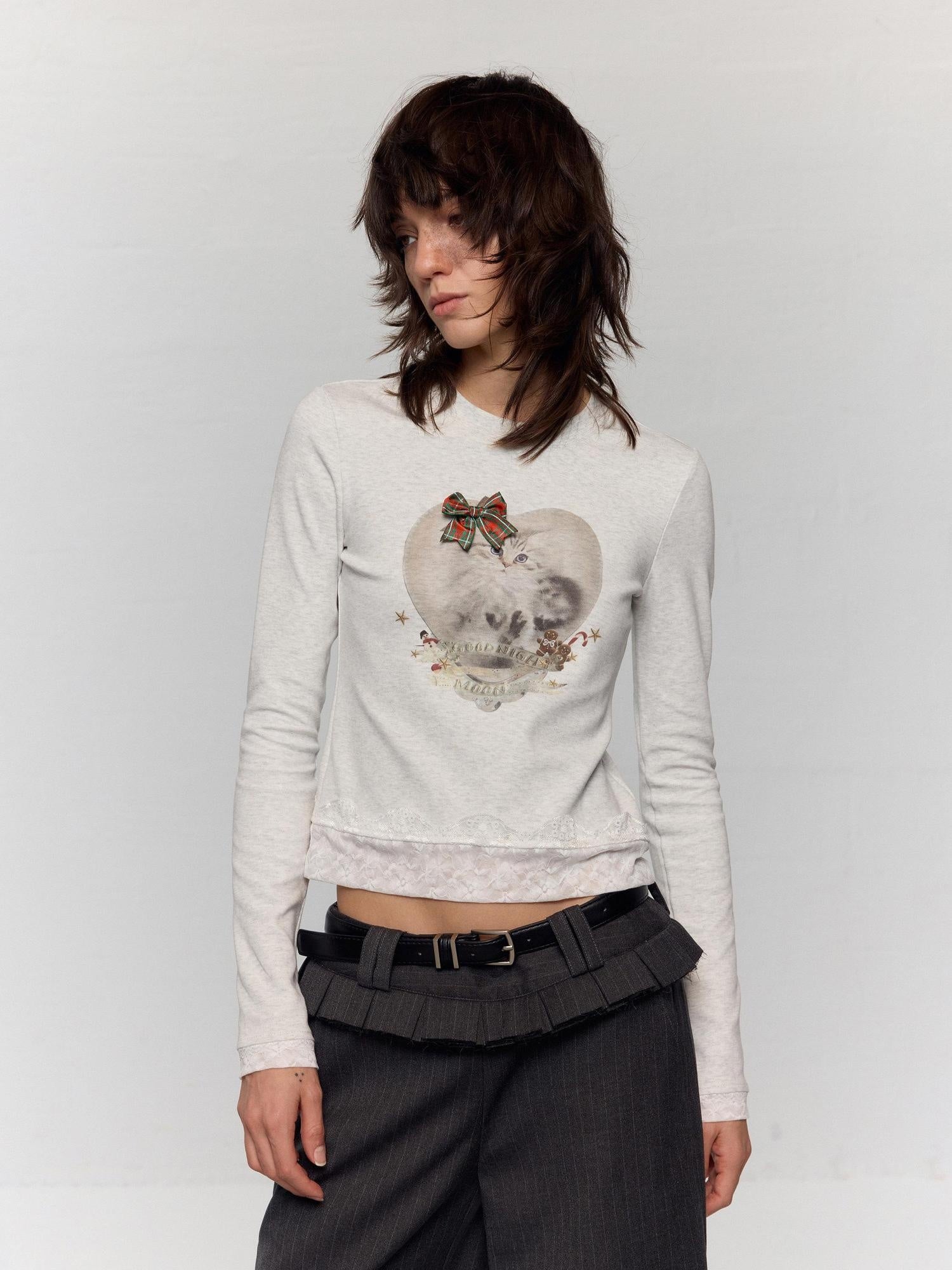 RUN TO THE FUTURE Stretch Cotton Slim Vintage Commuter Printed Lace Long Sleeve Women Crop Tops