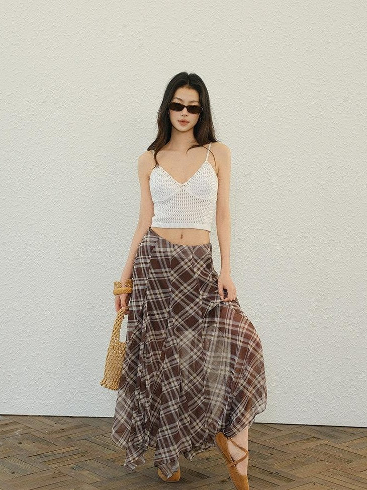 FU FRESH UP Vintage Plaid Print Irregular A Line High Waist Women&