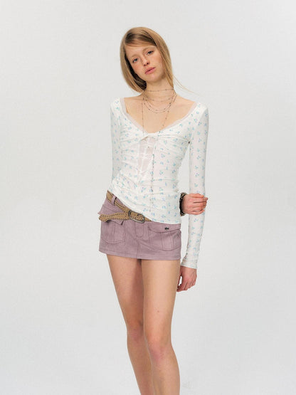 The NeverMore Sexy Mesh Floral Spliced Fitted Womens Stretch Long Sleeve Crop Tops