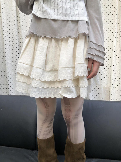 ang project Light Apricot Lace Spliced Embroidered High Waist Elastic A Line Women&