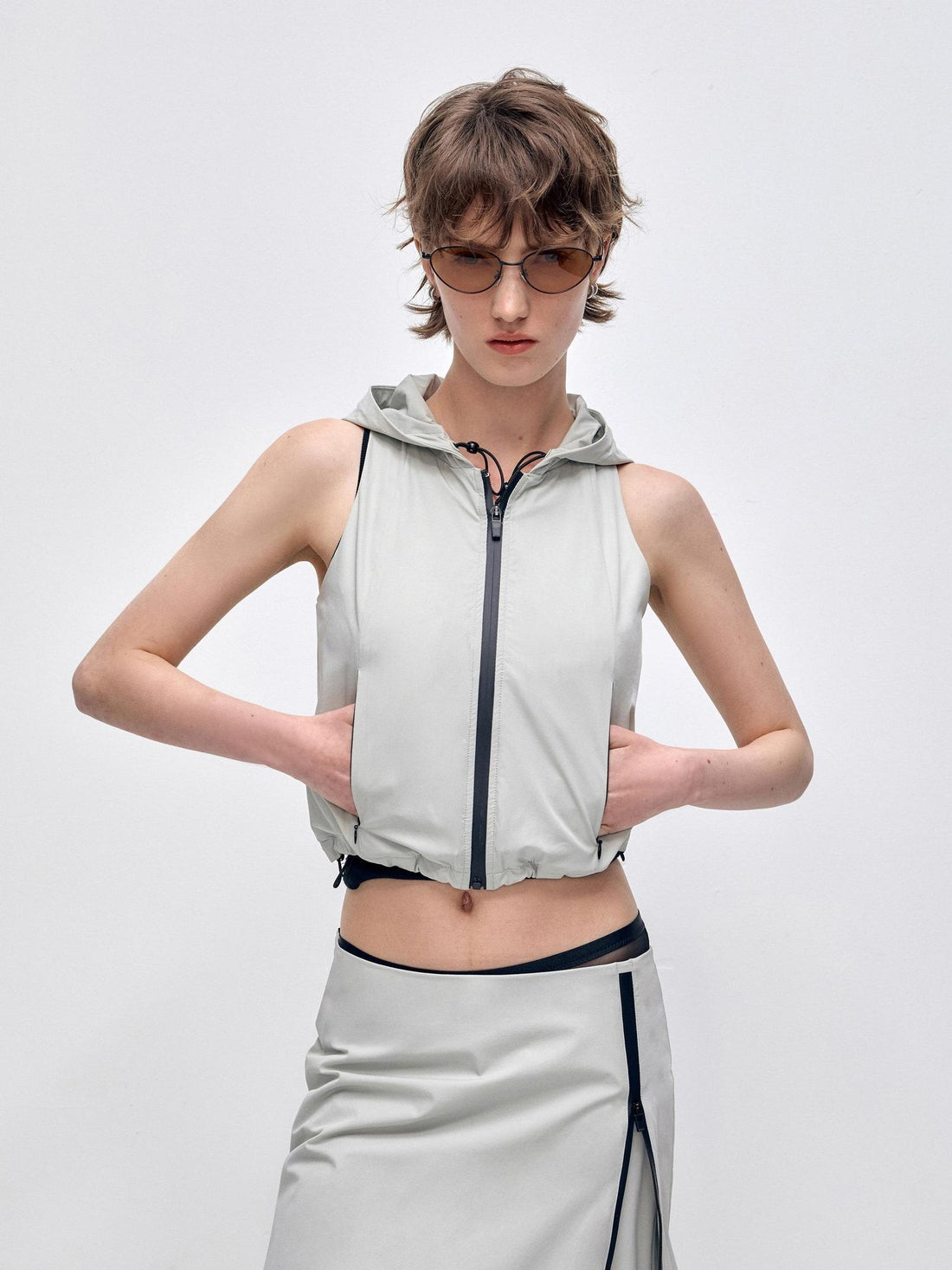 RUN TO THE FUTURE Stretch Zip Cropped Slim Workwear Women Nylon Stretch Top &amp; Pants Sets