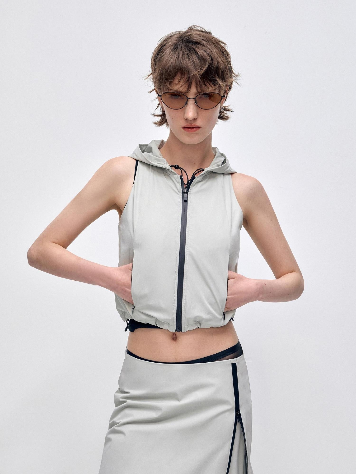 RUN TO THE FUTURE Stretch Zip Cropped Slim Workwear Women Nylon Stretch Top &amp; Pants Sets