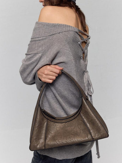 RUN TO THE FUTURE Waxed Leather Soft Handle Vintage Topstitch Medium Zipper Daily Handbags