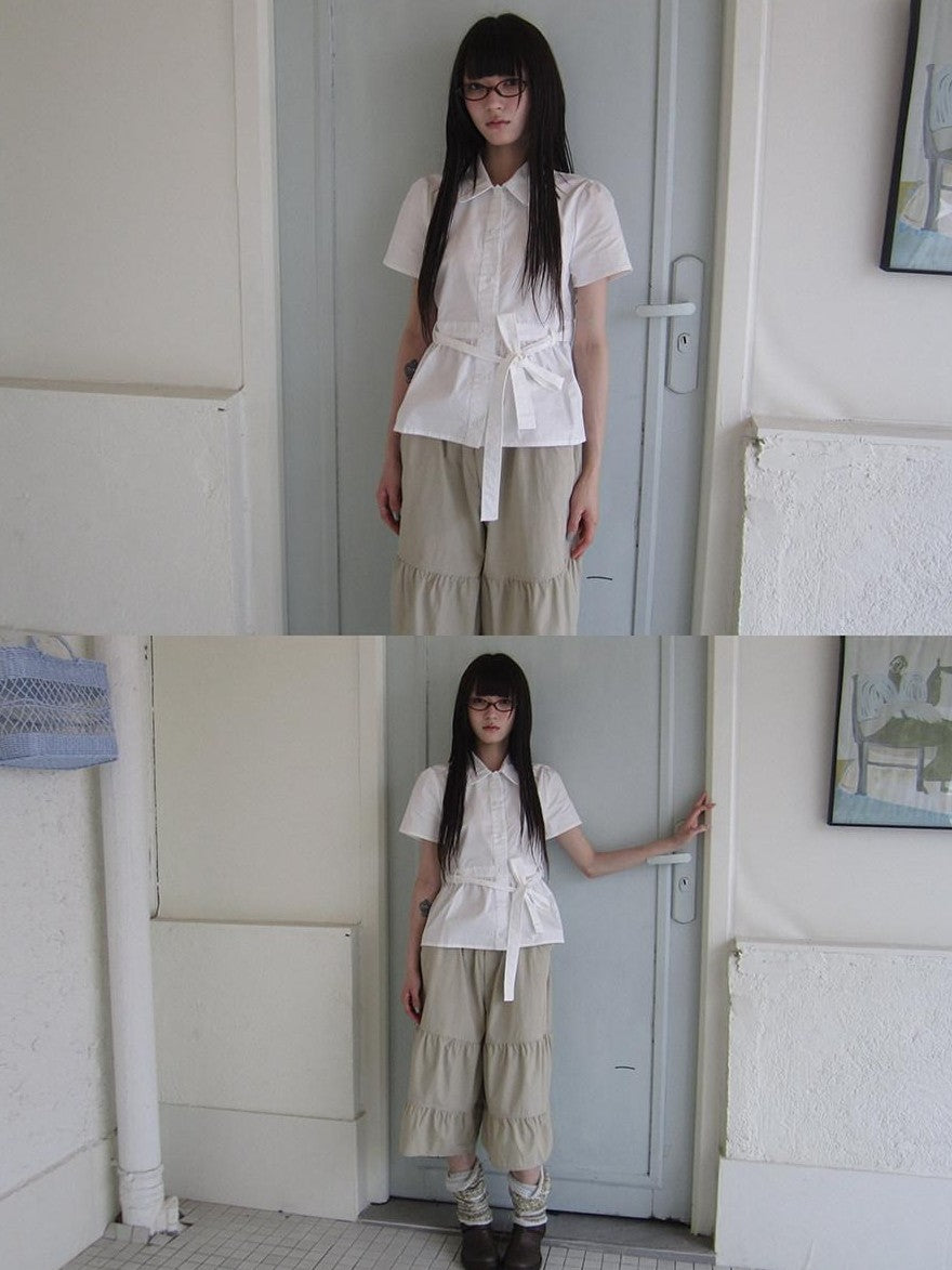 ang project Korean Turn Down Collar Single Button Tie Waist Women&