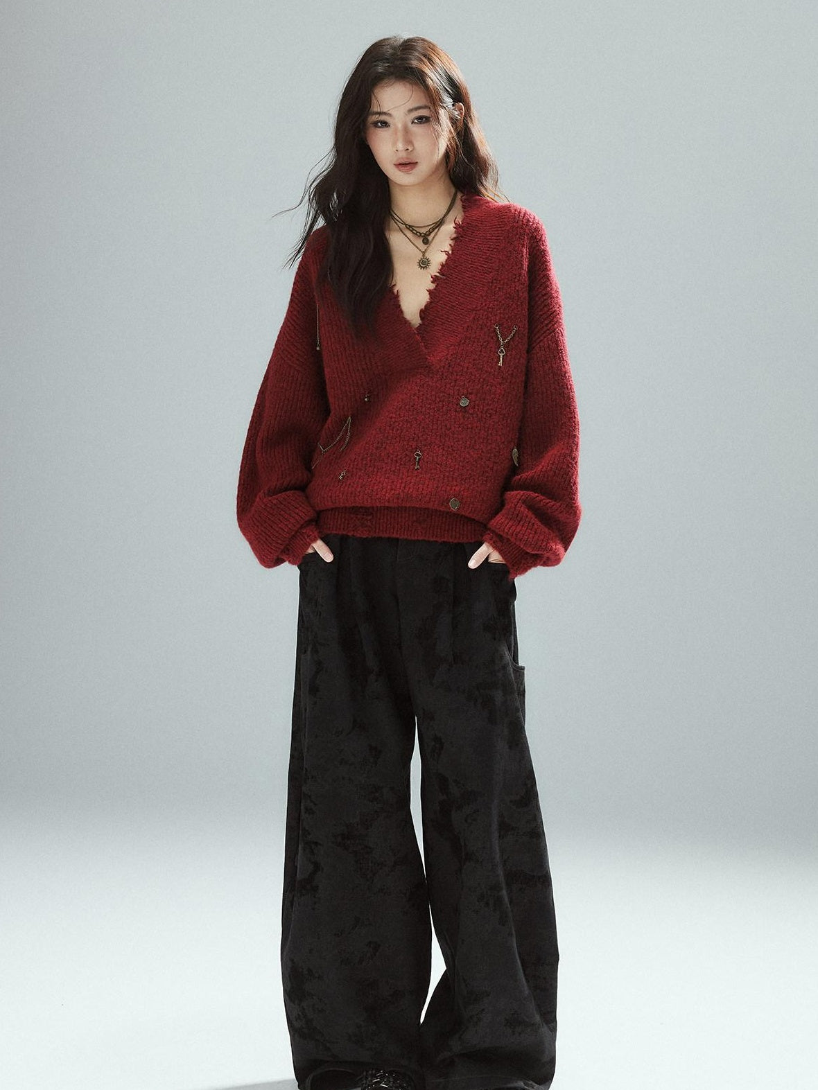 Low pixel Black Cotton Flocked Low Rise Loose Street Women Zip Fly Wide Leg Jeans