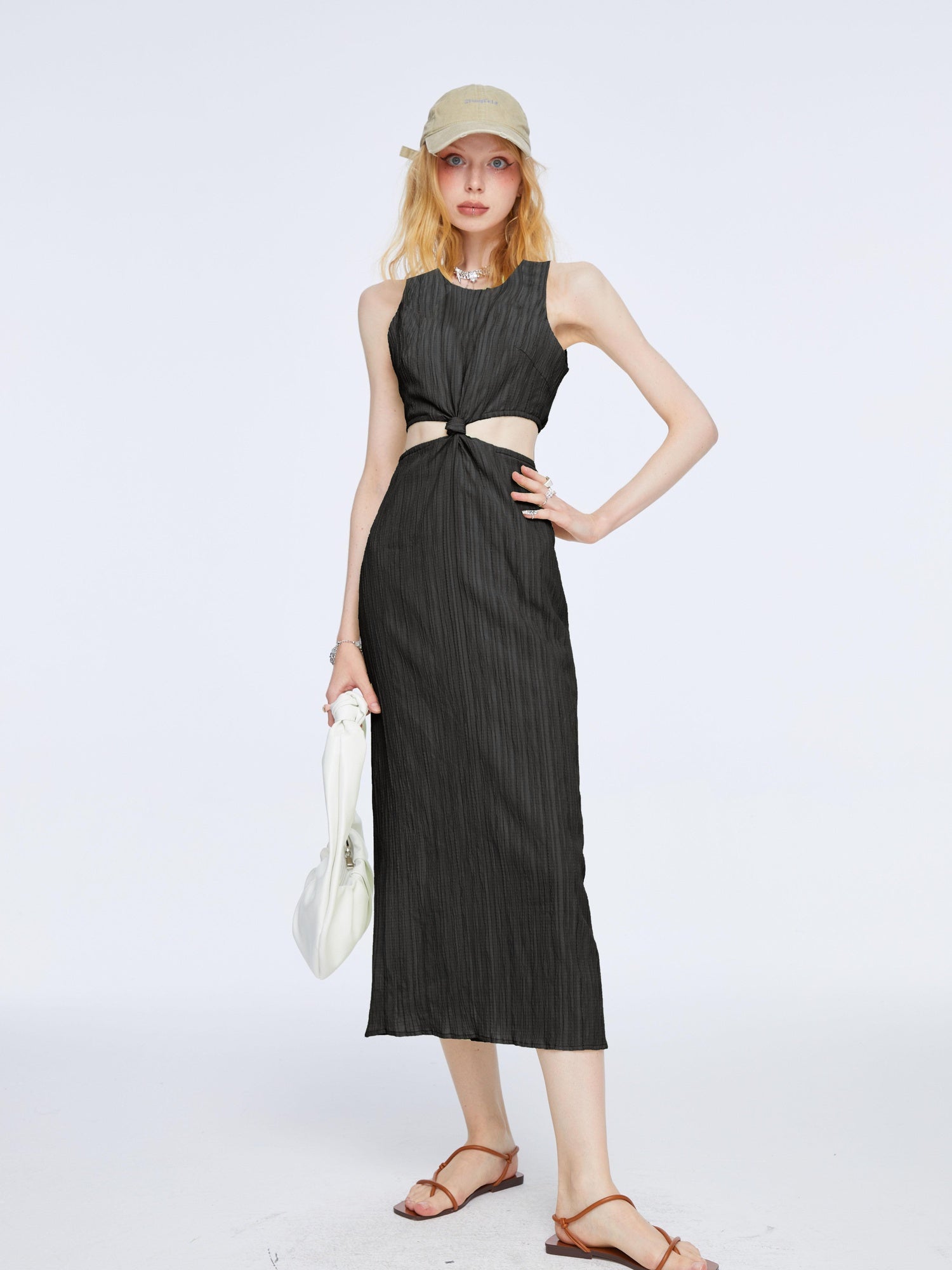 The NeverMore High Waist Pleated Street A Line Sleeveless Women Green Maxi Dresses
