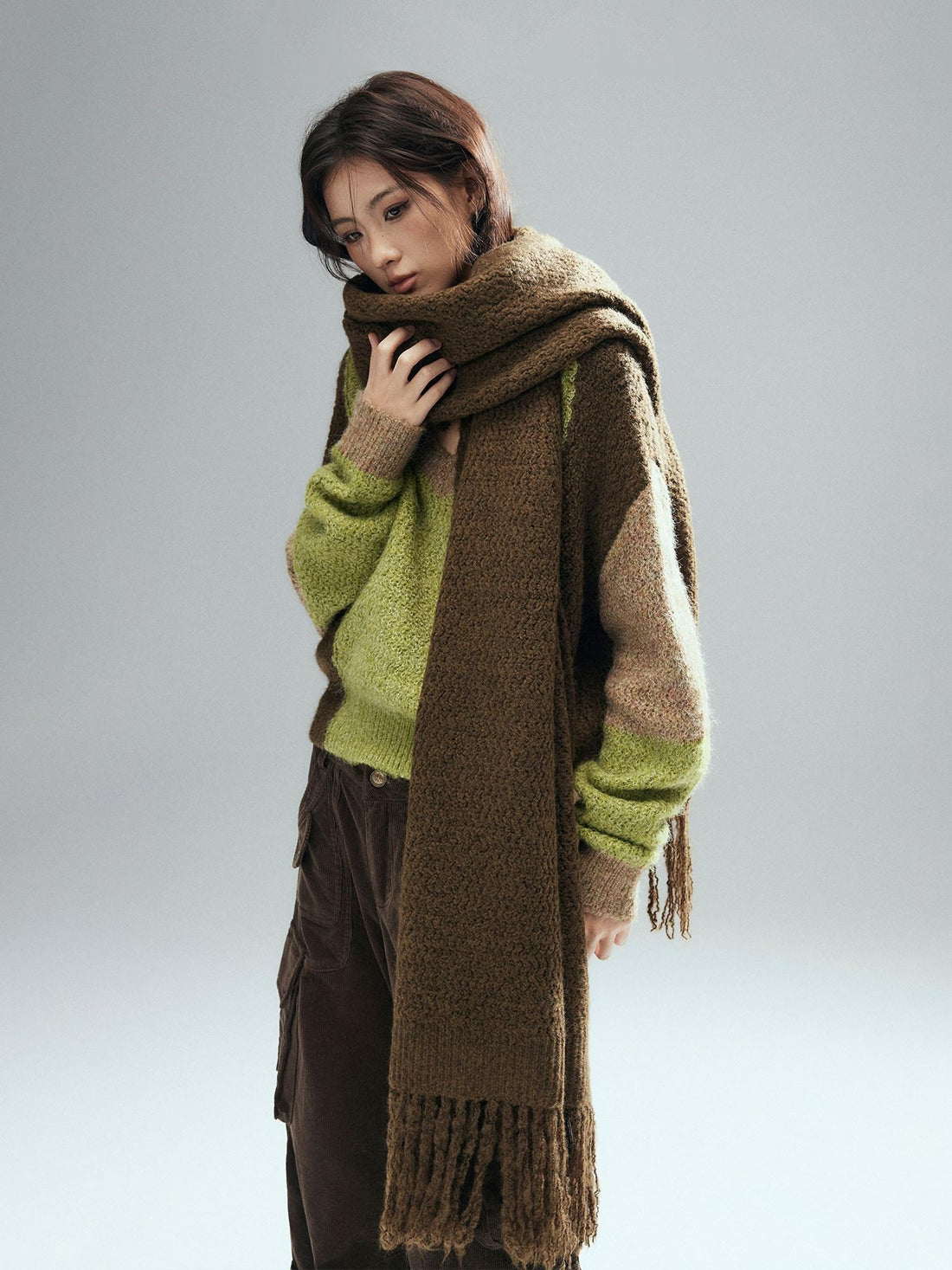Low pixel Thick Sheep Wool Patchwork Streetwear Loose Fit V-neck Pullover Youth Sweaters