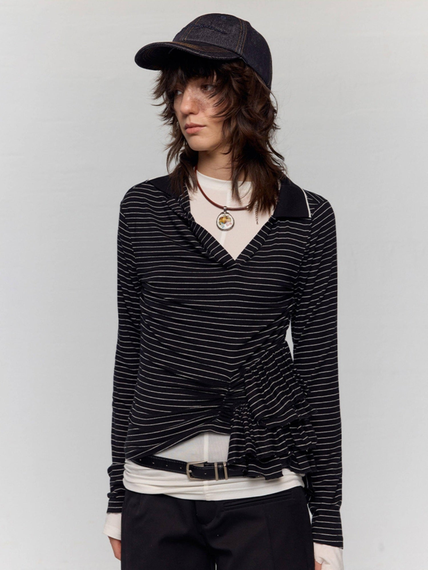 RUN TO THE FUTURE Slim Fit Ruffle Henley Black White Stripe Womens Wool Blend Long Sleeve T-Shirts
