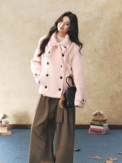 7Shiftin Warm Casual Fitted Waist Bow Detail Double Breasted Cropped Women Knit Sweaters