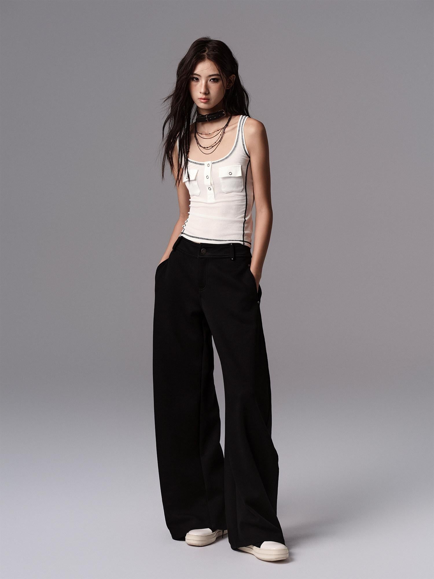 Low pixel Low Waist Dark Minimal Curved Button Fly Black Women Rayon Wide Leg Pants