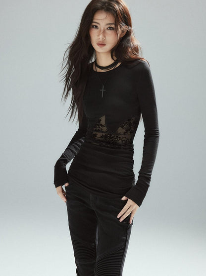 Low pixel Asymmetrical Patchwork Slim Streetwear Black Lyocell Long Sleeve T-Shirts