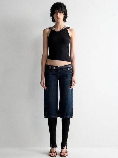 RUN TO THE FUTURE Durable Vintage Deep Blue Casual Low Rise Straight Fit Zipper Denim Shorts