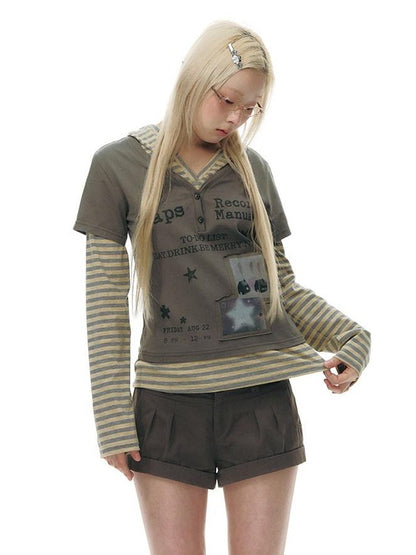 NAPSNAPS Striped Patchwork Letter Print Hooded Women&