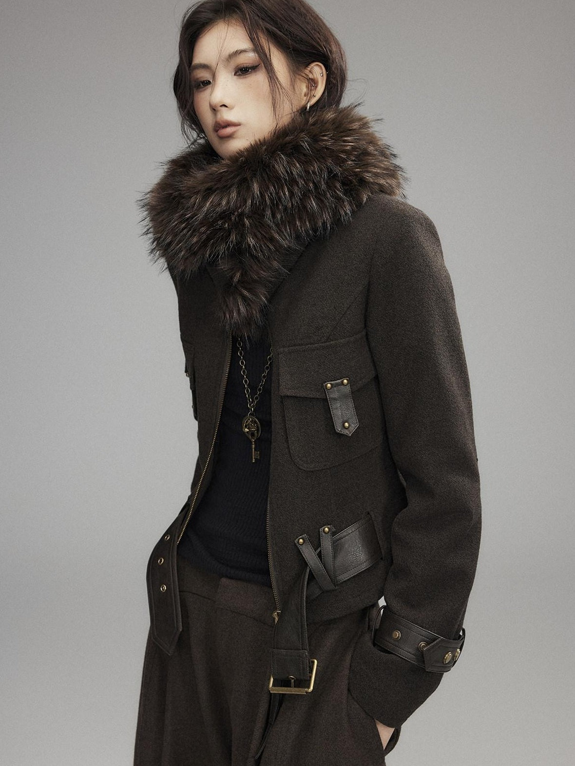 Low pixel Thick Wool Blend Slim Fit Sexy Lapel Zipper Brown Everyday Women Cropped Jackets