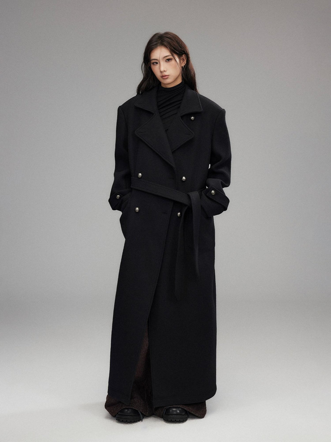 Low pixel Warm Wool Blend Street Oversized Double Breasted Notch Collar Black Wool Coats