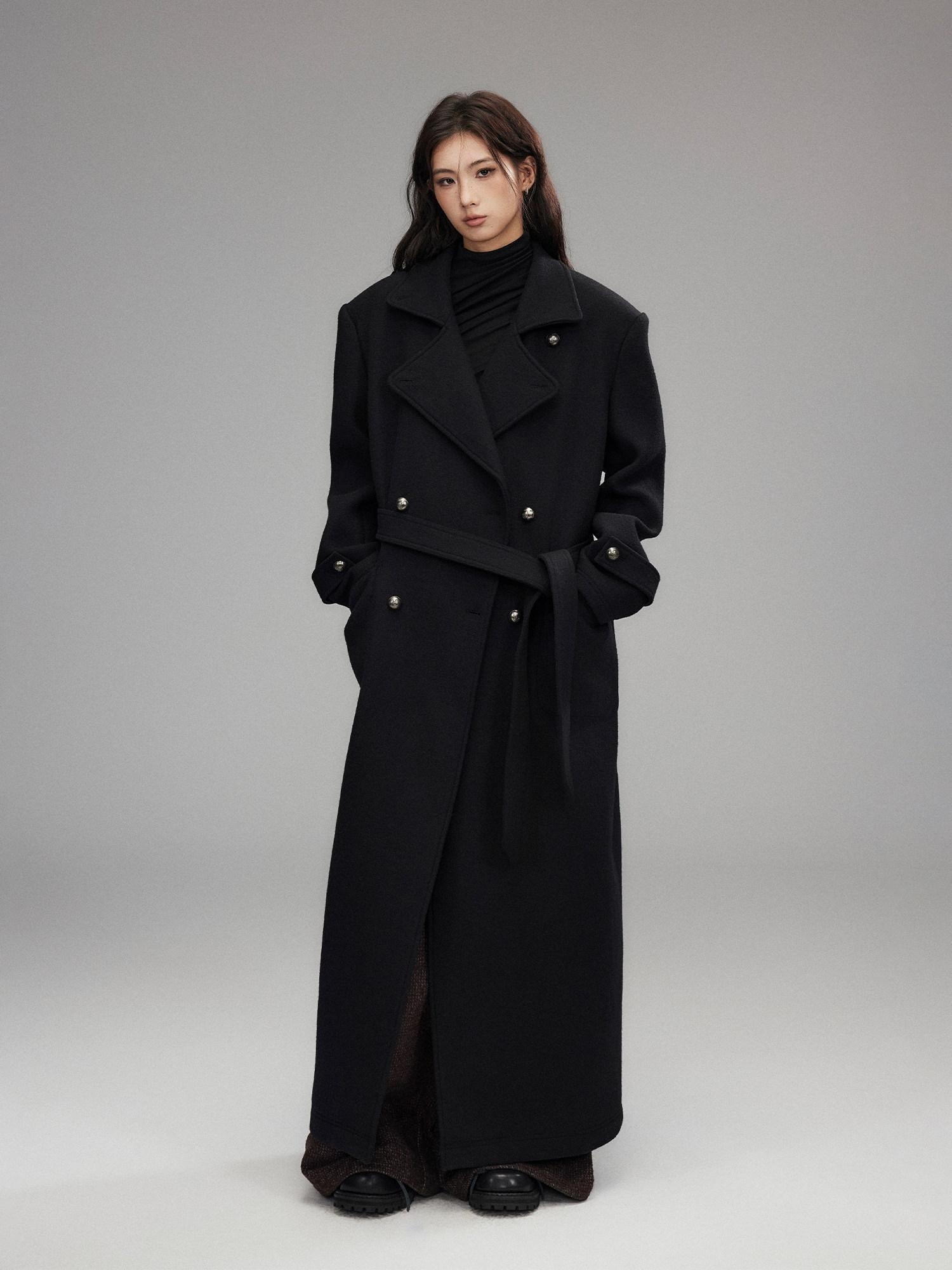 Low pixel Warm Wool Blend Street Oversized Double Breasted Notch Collar Black Wool Coats