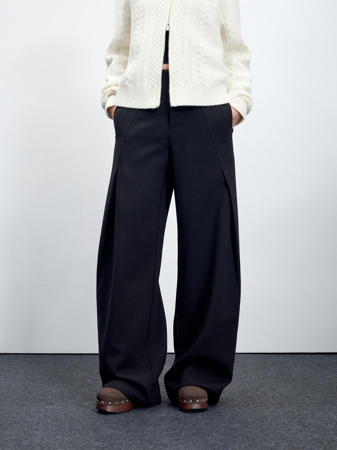 RUN TO THE FUTURE Flattering Mid Rise Minimalist Straight Cut Office Gray Black Wide-Leg Pants