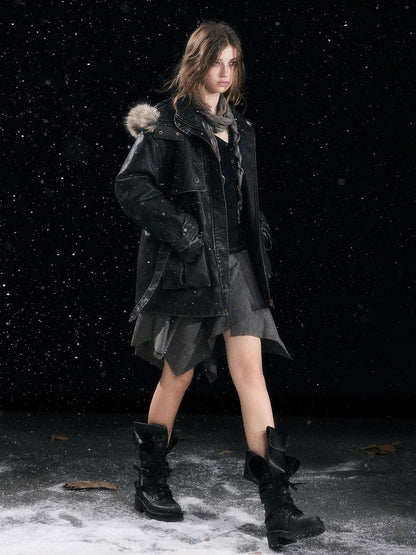 Cest Nous Fur Collar Hooded Utility Distressed Women&