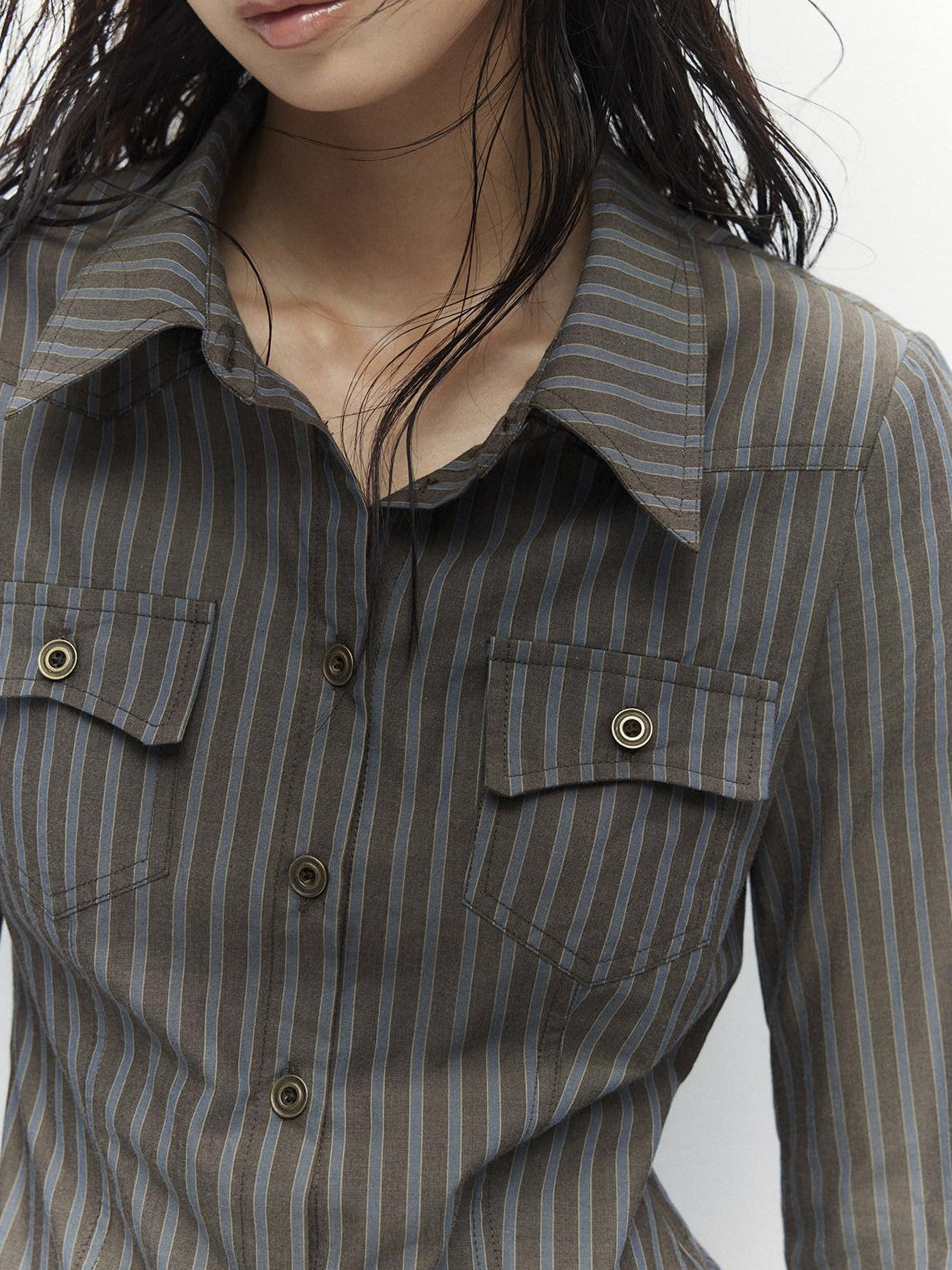 Low pixel Breathable Cotton Vintage Fitted Striped Button Long Sleeve Women Shirts