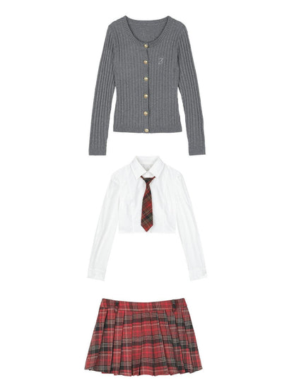 7Shiftin Versatile Three Piece Cardigan Set With Tie Preppy Layered Knitwear Sweaters