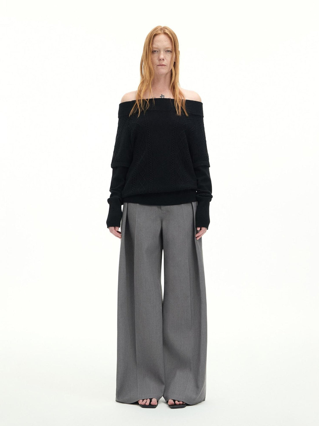 RUN TO THE FUTURE Low Rise Jacquard Minimal Casual Women Light Heather Gray Wide-Leg Pants