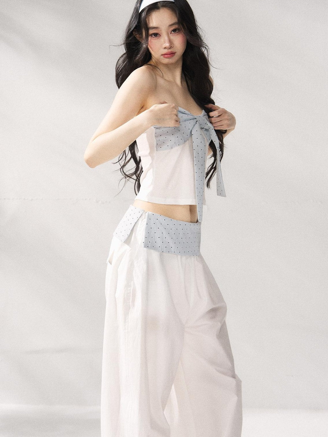 7Shiftin Polka Dot Bow Cropped Three Piece High Waist Sleeveless Women Top &amp; Pants Sets