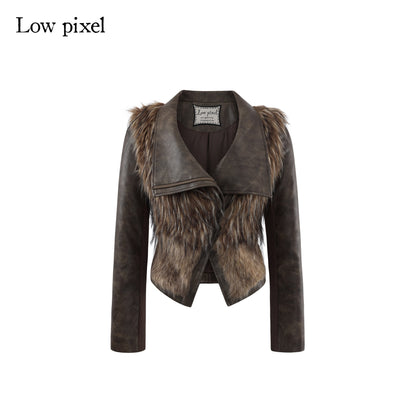 Low pixel Thick Waist Cinch Patchwork Street Style Women Brown Zipper Lapel Cropped Jackets