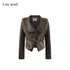 Low pixel Thick Waist Cinch Patchwork Street Style Women Brown Zipper Lapel Cropped Jackets