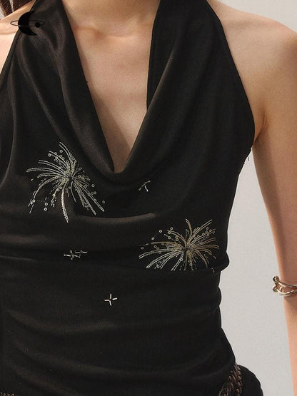 AnnoMundi Airy Lyocell Embroidered Halter Polo Collar Midi Women Black Tank Tops