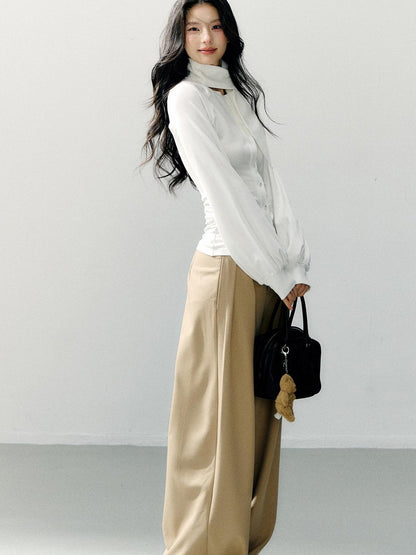 7Shiftin Cotton Bow Tie Fitted Waist Casual Cropped Long Sleeve Women White Blouses
