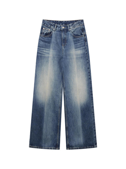 RUN TO THE FUTURE Washed Ice Blue Casual Natural Waist Womens Non Stretch Denim Straight Jeans