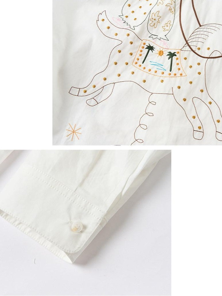 OuttheBlue Soft Lyocell Cotton Loose Mid Length Long Sleeve Embroidered Back Women Blouses