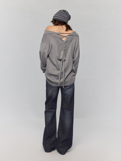 RUN TO THE FUTURE Vintage Commuter Loose Tie Asymmetric Neck Women Grey Knit Long Sleeve T-Shirts