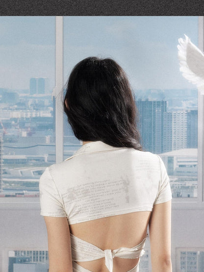 ALL iN plan Soft Stretch Cotton Blend Letter Print Cinched Waist A Line Sleeve Women T Shirt
