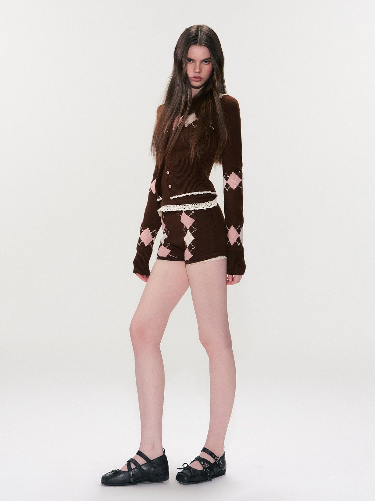 The NeverMore Cashmere Blend Sexy Argyle Button Cardigan Shorts Women Top &amp; Shorts Sets